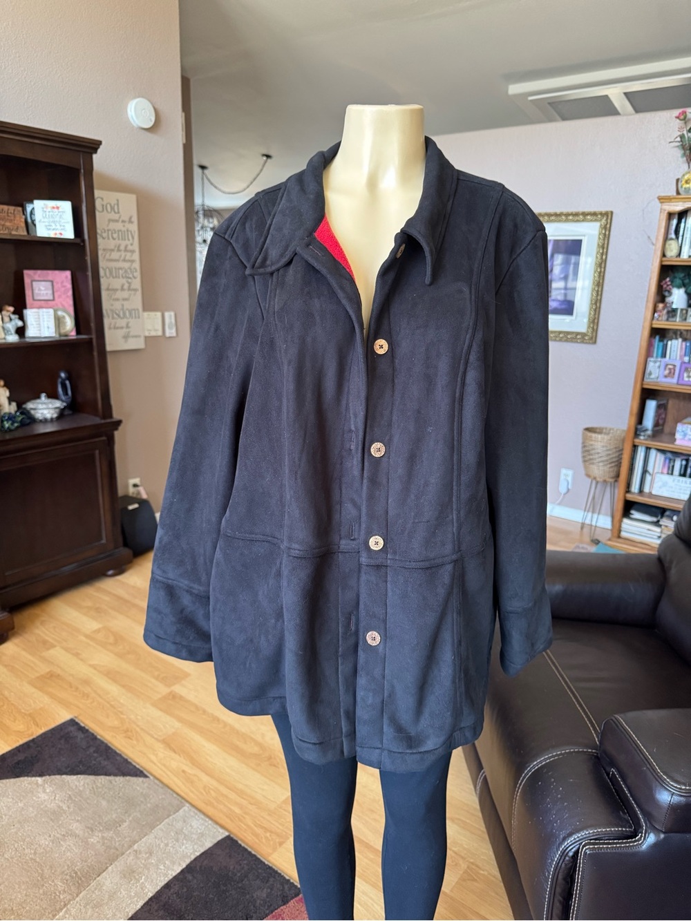 Caribbean Joe black suede button front jacket with soft red lining-size 1X